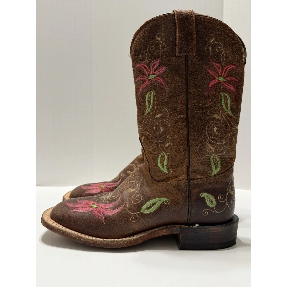 Tony Lama San Saba Boots Womens 7.5 B Brown Floral Square Toe Handcrafted - Picture 2 of 11